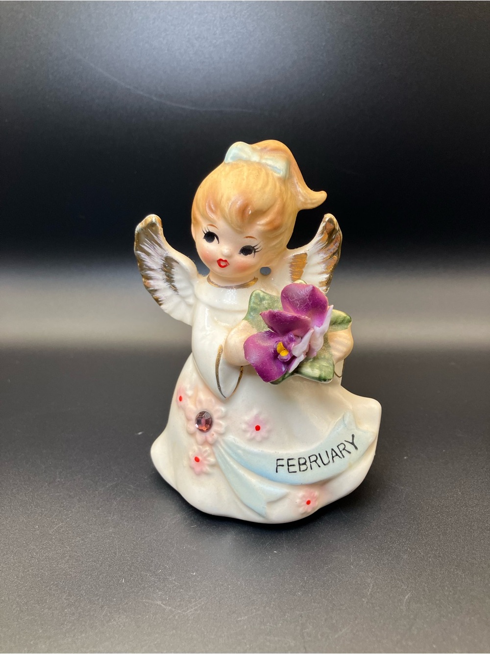 Vintage Lefton February Ceramic Angel Figurine with Purple Flower